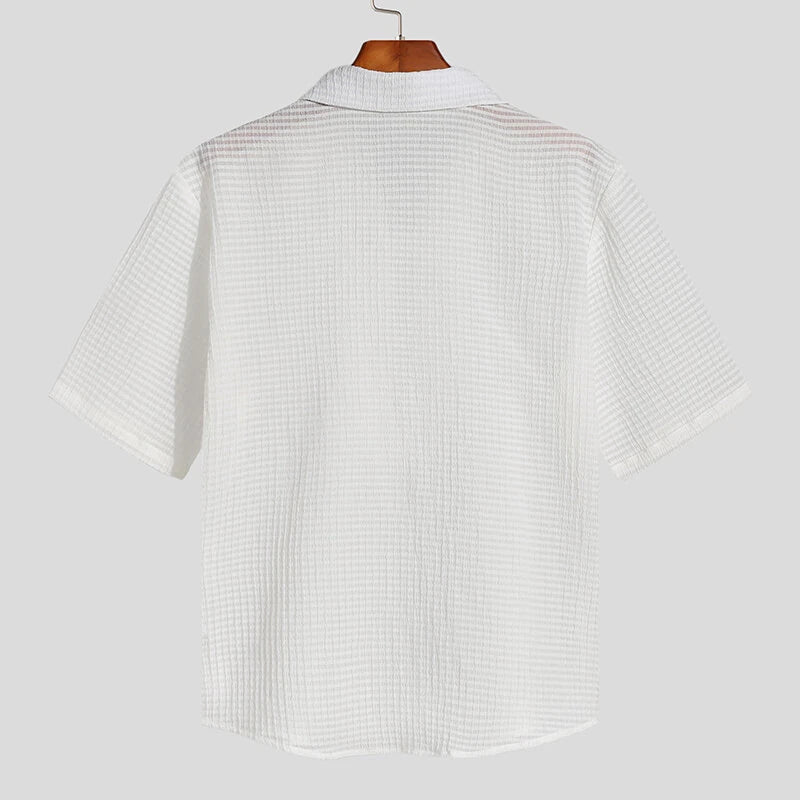 INCERUN Mens Shirt Solid Color Slightly Transparent Lapel Shirt Casual Short Sleeve Breathable Top Summer Daily Male Clothing