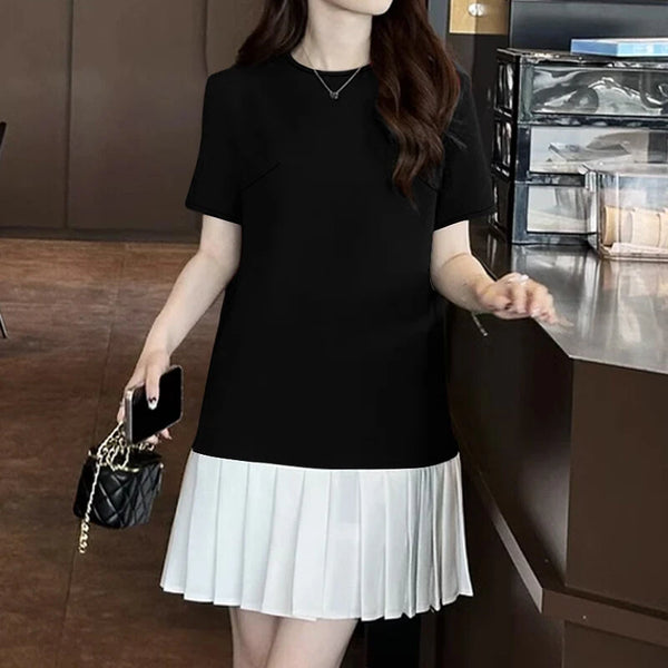 ZANZEA Fashion Style Womens Temperament Pleats Splicing Dresses Ladylike Short Sleeved Mini Contrast Dress