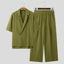INCERUN Men's Two-piece Outfits, Suit Collar Draped Short Sleeve Shirt + Pant, Casual Comfy Loose Suits For Summer