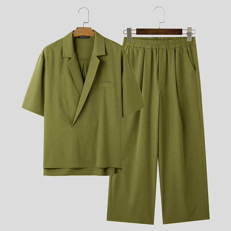 INCERUN Men's Two-piece Outfits, Suit Collar Draped Short Sleeve Shirt + Pant, Casual Comfy Loose Suits For Summer