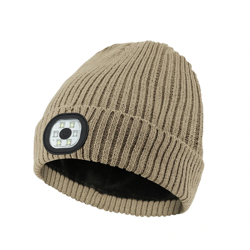 Unisex Beanie Fleece Lined LED Beanie with Light and USB Rechargeable Hands Free LED Headlamp Hat, Knitted Night Light Beanie Cap Flashlight Hat