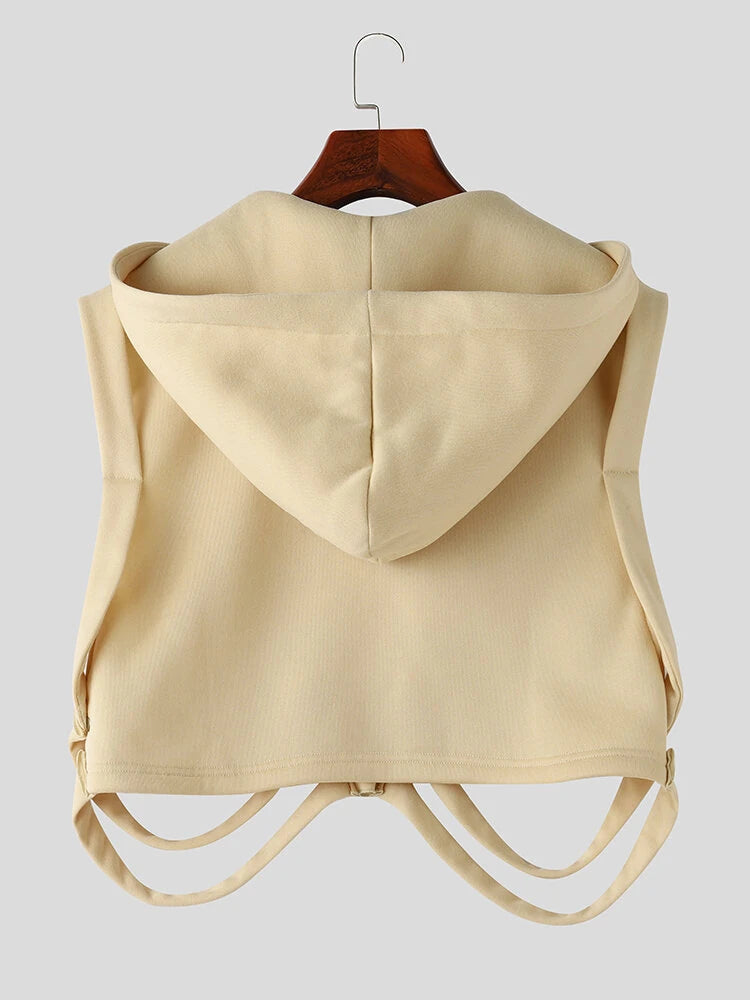 INCERUN Men Vests Skeleton Rib Deconstructed Design Hooded Sleeveless Streetwear Male Waistcoats Fashion Casual Vests Men S-5XL