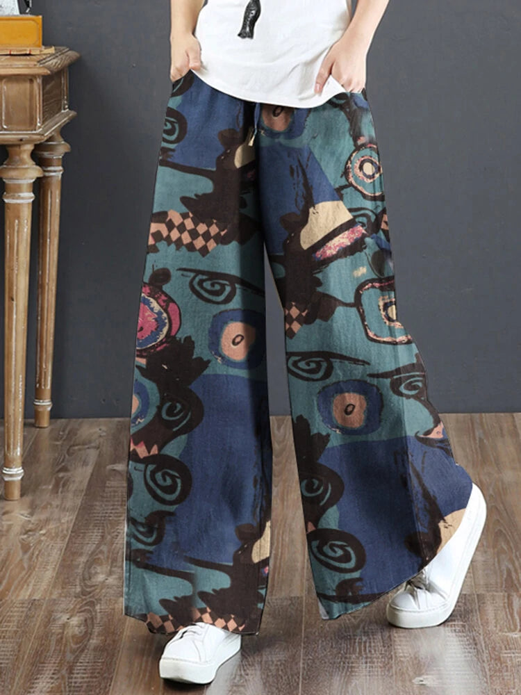 ZANZEA Women Plus Size  Flared Wide-Leg Floral Printed Retro Side Pockets Pants