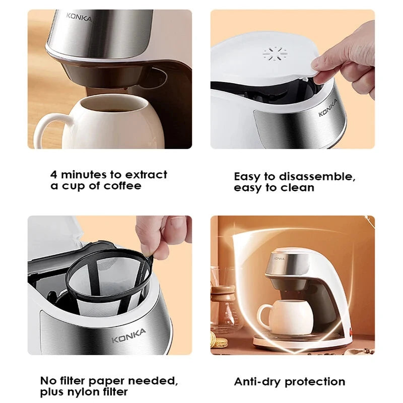 KONKA Drip Coffee Maker American Coffee Machine Home Mini Automatic 220V 450W Brew Powder Tea Easy Operation Free Coffee Cup