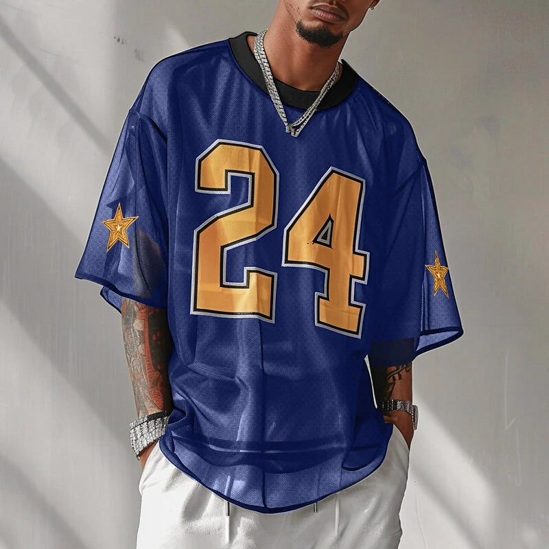 INCERUN Mens Mesh Number Print Short-Sleeve T-Shirt Fashion Streatwear Matching Jerseys Top for Male Plus Size S-5XL