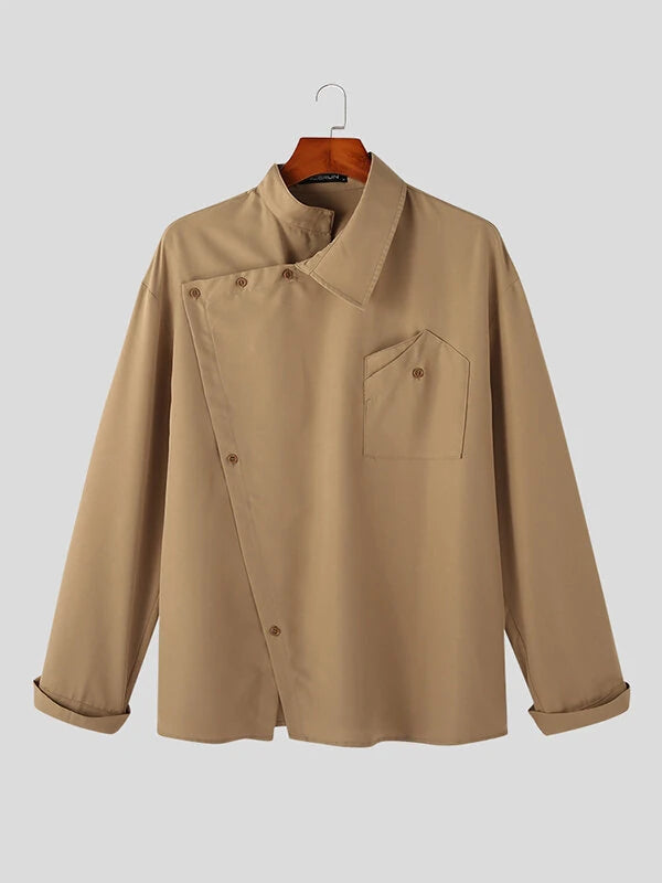 INCERUN Men Shirts Fashion Solid Color Lapel Shirt Top Daily Long Sleeve Shirt Mens Clothing with Pocket Casual Men's Suits