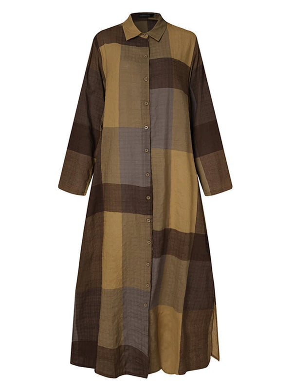 Women Casual Plaid Lapel Long Sleeve Button Vintage Shirt Maxi Dresses With Pocket