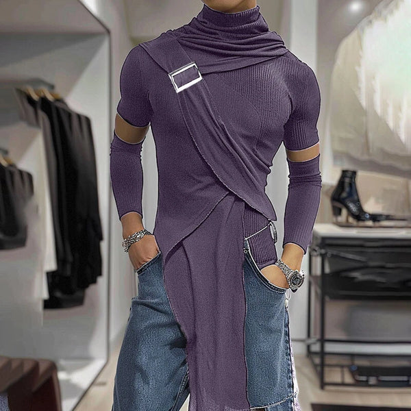 INCERUN Deconstructed Design Solid Color T-Shirt Fashion High Neck Truncated Long Sleeves High Stretch Top for Men