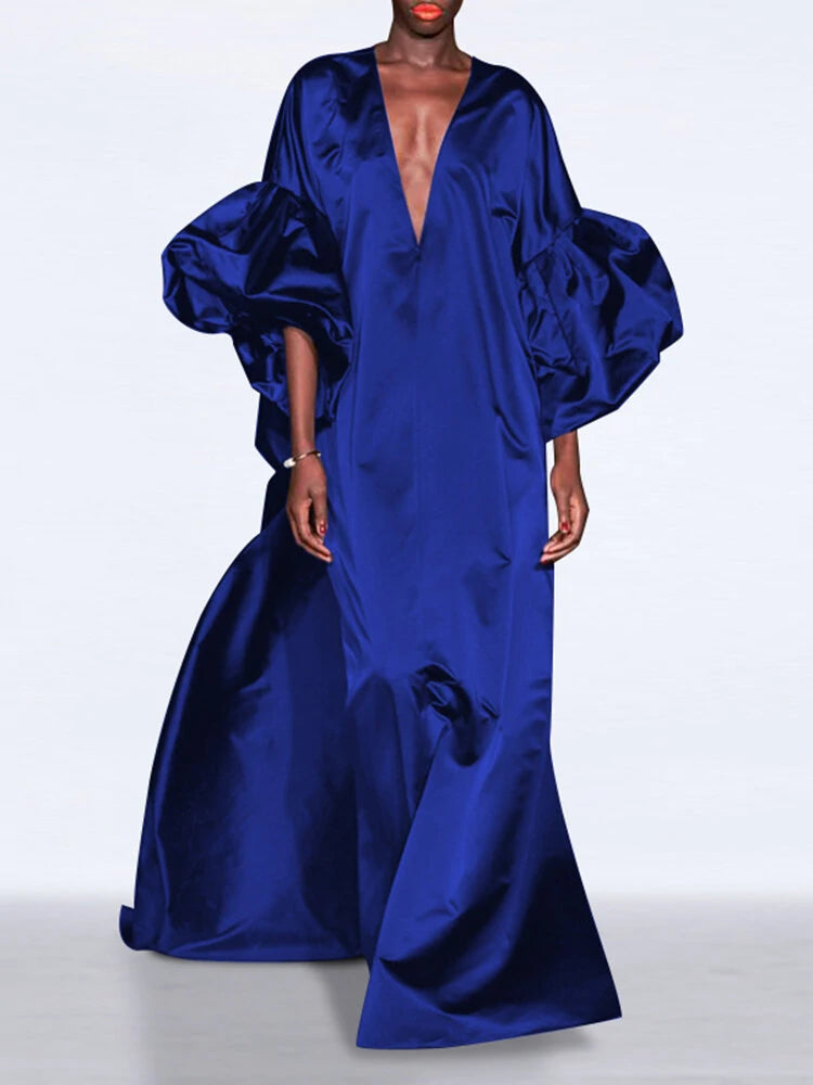 Puff Sleeve Ruffles Loose Fit V-Neck Leisure Maxi Dress For Women