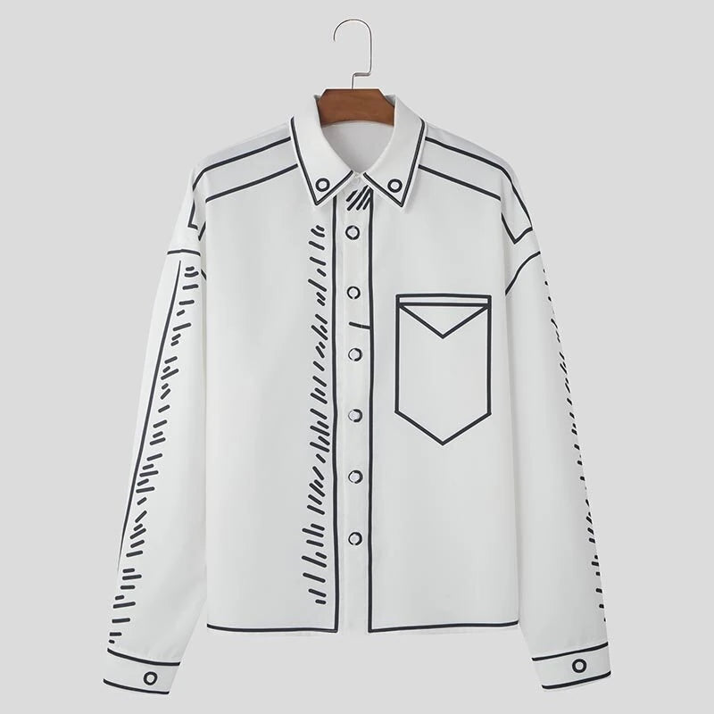 INCERUN Mens Comic Style Print Long Sleeve Shirt Fashion Funny Line Lapel Top for Male