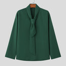 INCERUN Mens Solid Color Tie Design Long-Sleeve Shirt Fashion Casual Top Shirt for Male