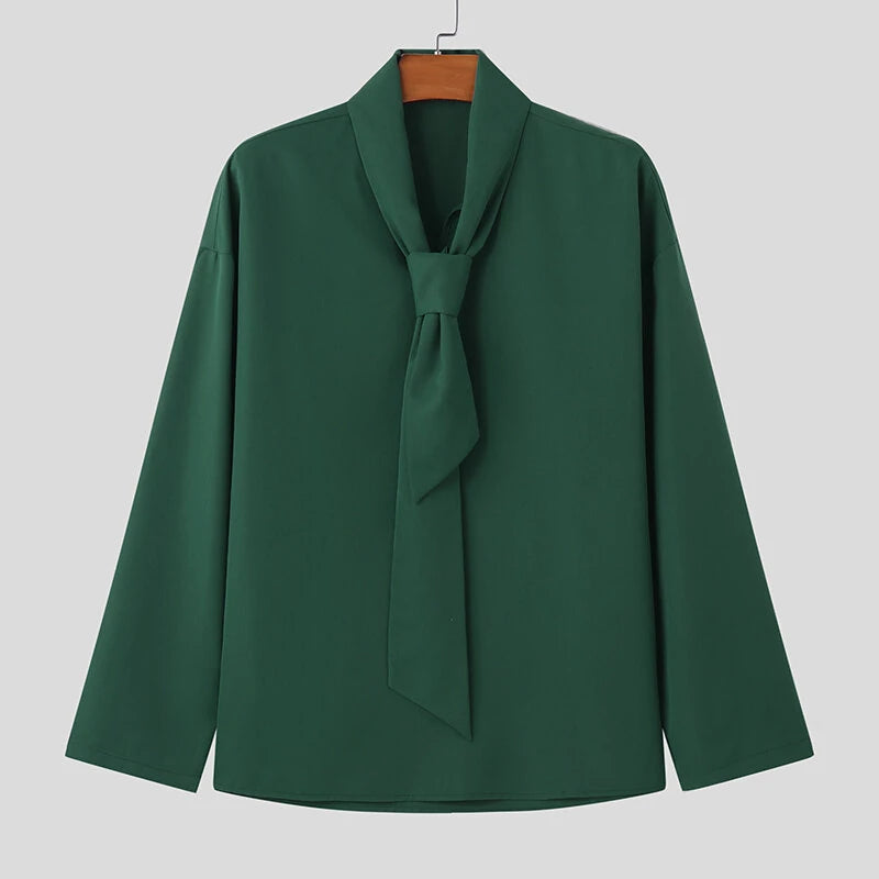 INCERUN Mens Solid Color Tie Design Long-Sleeve Shirt Fashion Casual Top Shirt for Male