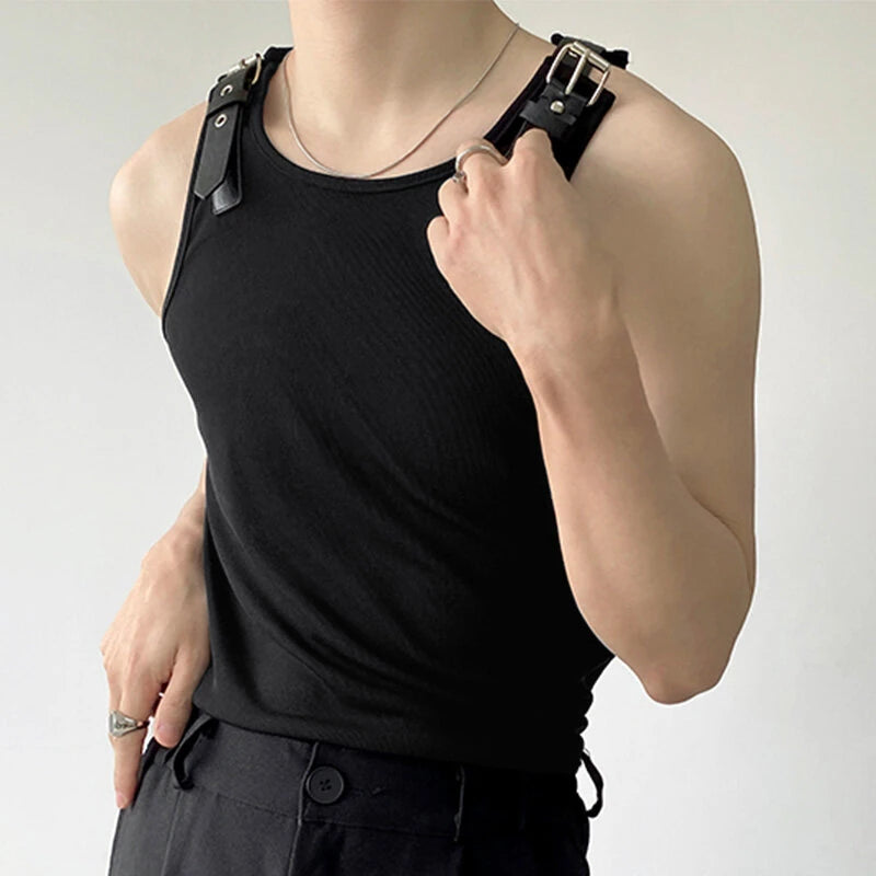 INCERUN Mens Tank Top Fashion Leather Shoulder Strap Design Solid Color Knitted Vest Summer Sleeveless Men's Undershirts