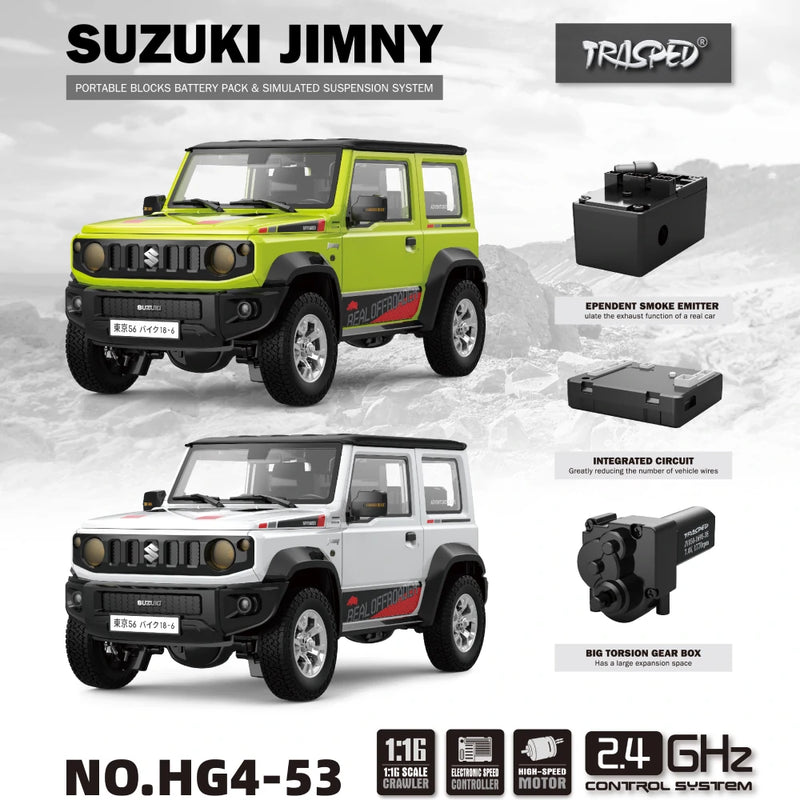 HG HG4-53 TRASPED 1/16 2.4G 3WD RC Car for SUZUKI JIMNY Rock Crawler LED Light Simulated Sound Off-Road Climbing Truck RTR Full Proportional Models Toys