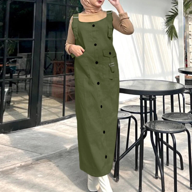 ZANZEA Solid Womens Square Neck Strappy Bib Dress Casual Loose Long Dresses