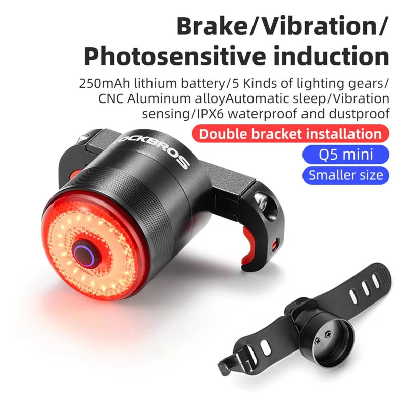 ROCKBROS Q5 Mini Smart Auto Bike Taillight Vibration Sensing Light Sensitivity Brake Rear Light IPx6 Waterproof Type-C Charging Bicycle Lump for MTB Road Night Cycling