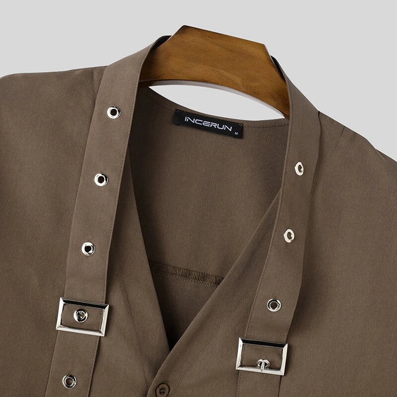 INCERUN Mens Tie Design Long Sleeve Shirt Casual Solid Color Fashion Design Men Top Loose Fit