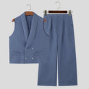 INCERUN Mens Solid Color Double-Breasted Two Pieces Outfit Sleeveless Blazer Vest Pant Casual Suit for Male