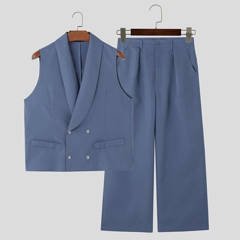 INCERUN Mens Solid Color Double-Breasted Two Pieces Outfit Sleeveless Blazer Vest Pant Casual Suit for Male