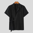 INCERUN Men's Shirt Solid Color Lapel Shirt Casual Lace Up Short Sleeve Top Summer Daily Male Clothing