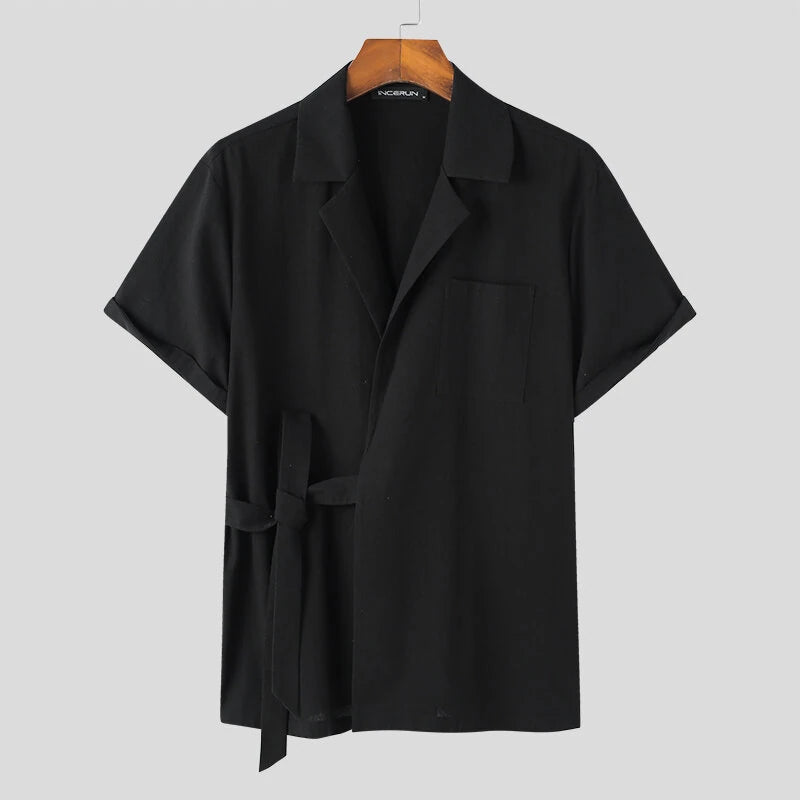 INCERUN Men's Shirt Solid Color Lapel Shirt Casual Lace Up Short Sleeve Top Summer Daily Male Clothing