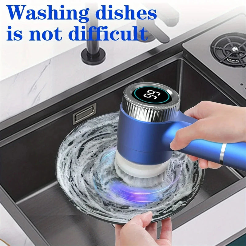 5 in1 Portable Electric Cleaning Brush 5W 1200mAh Rechargeable 3-Speed Adjustable 1600/2000/2400 RPM Cordless Multi-functional Kitchen Dish Scrubber with LED Indicator and USB Charging
