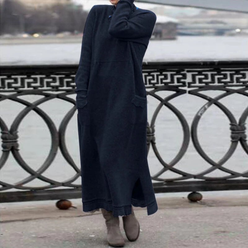 ZANZEA Women Long Sleeved Long Dress with Side Pockets Lace Patchwork Casual Long Maxi Dress for Spring Fall