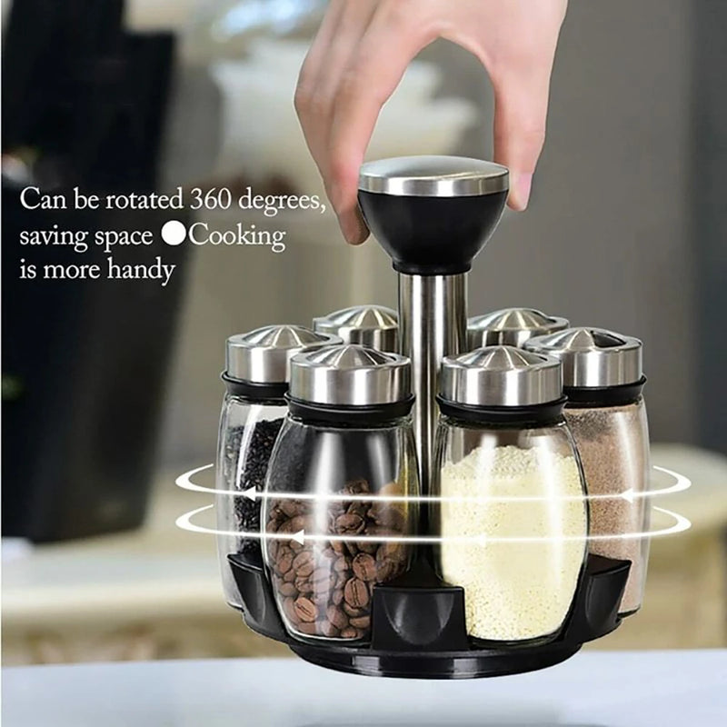 7Pcs Set Rotating Base Spice Seasoning Jar Set Kitchenware Creative Multifunctional Rotating Glass Spice Box Jars Set for Spices Pepper