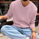 INCERUN Mens Striped V-Neck Long-Sleeve T-Shirt Comftable Solid Color Loose Fit Soft Tshirt Male Plus Size S-5XL