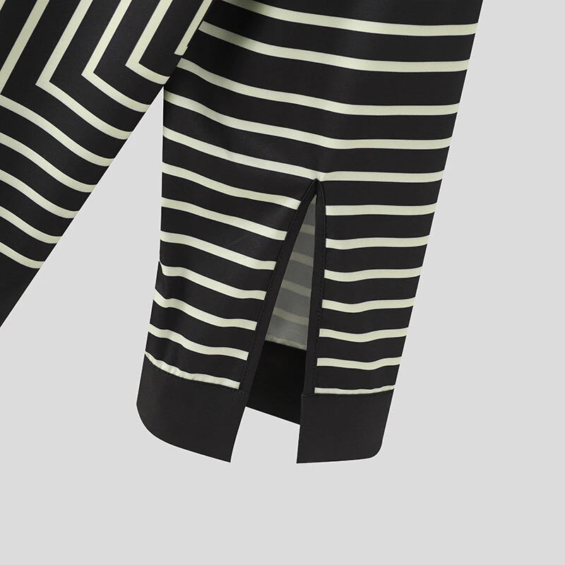 INCERUN 2 Piece Men's Striped Casual Outfit Set, Collar Button Up Top And Elastic Waist Wide Leg Trousers Set for Daily Wear Spring Fall Plus Size S-5xl