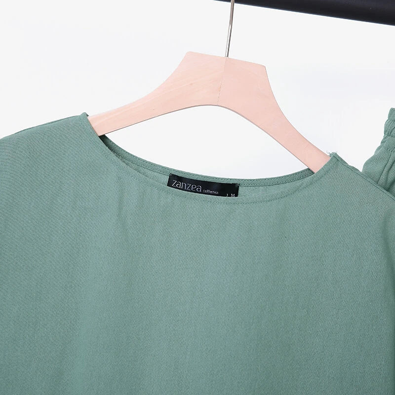 ZANZEA Plus Size Women Cotton Linen Two Set Solid Elastic Waist Pocket Short Sleeve Blouses and Short Casual Summer Two-Piece Set
