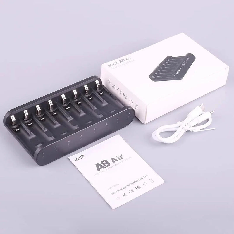 ISDT A8 Air Battery Charger 8 Bay AA AAA Smart Battery Charger Max 27W Wireless Operation for Rechargeable 10500 12500 Ni-MH/CD LiHv LiFePO4 Battery USB C Input