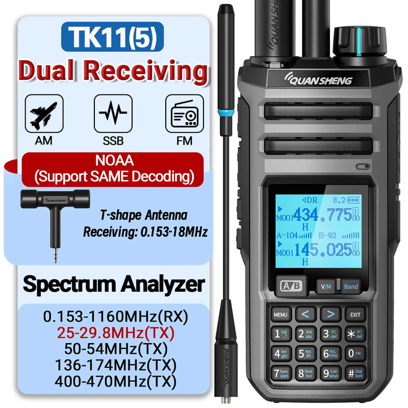 Quansheng TK11 Walkie Talkie 10W Dual Band Radio 999 Channels Long Range Rechargeable Two Way Communication Device Portable FM Receiver