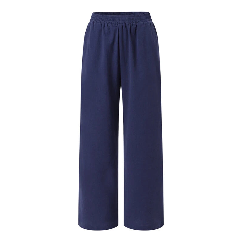 ZANZEA Women Cotton Elastic Waist Solid Color Long Pants Casual Loose Straight Trousers