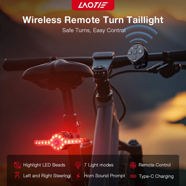 LAOTIE X8 Wireless Remote Bike Turn Taillight 400mAh Battery 7 Light Modes Type-C Rechargeable IPX5 Waterproof Smart Brake Sensing Loud Warning Bicycle Rear Light for Night Safe Cycling