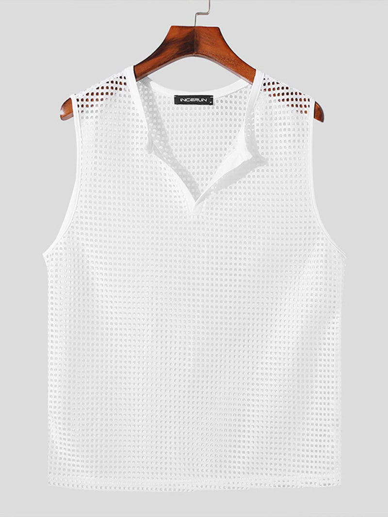 INCERUN Mens Tank Top Fashion V-neck Hollow Out Mesh Fabric Men Tops Clothing