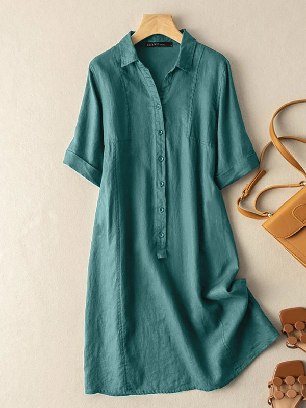 ZANZEA Solid Button Front Short Sleeve Lapel Shirt Dress