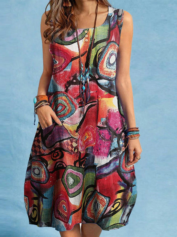 ZANZEA Women Plus Size Abstract Painted Button Pocket Sleeveless Casual Beach Midi Dress