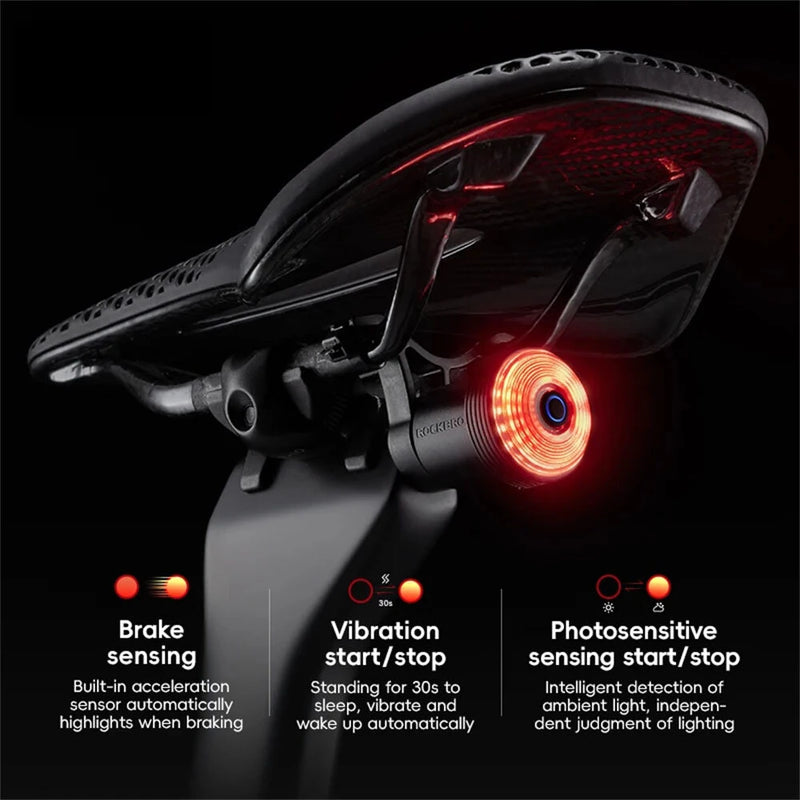 ROCKBROS Q0 Qzero Bicycle Taillight Smart Auto High Brightness Brake Sensing Waterproof LED USB Charging Bike Rear Light for Mountain Road Night Ride