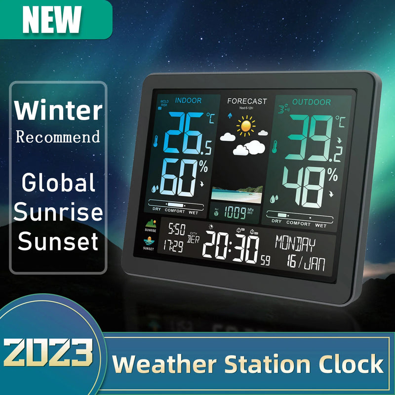 AGSIVO Weather Station Alarm Clock Wireless Indoor Outdoor Thermometer with Atomic Clock Forecast Station with Calendar and Adjustable Backlight