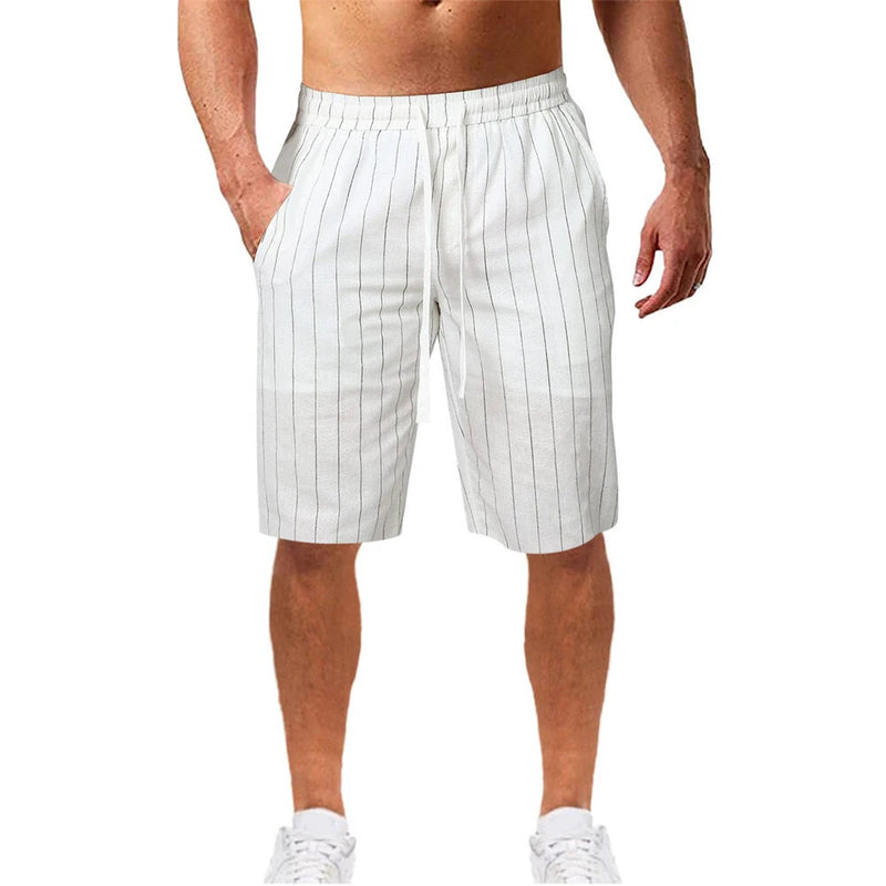 Men's Quick Dry Cotton Linen Shorts Summer Breathable Stripe Casual Gym Running Cargo Pocket Beach Five-point Pants Lightweight Comfortable