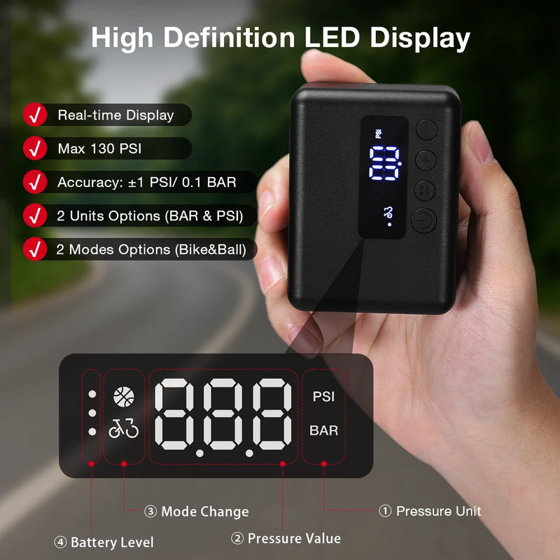 LAOTIE Z11 130PSI Mini Electric Pump - Ultra-Light Portable Air Compressor with LED & Auto-Stop for Road Bikes, MTBs, E-Bikes, Scooters, Balls & More