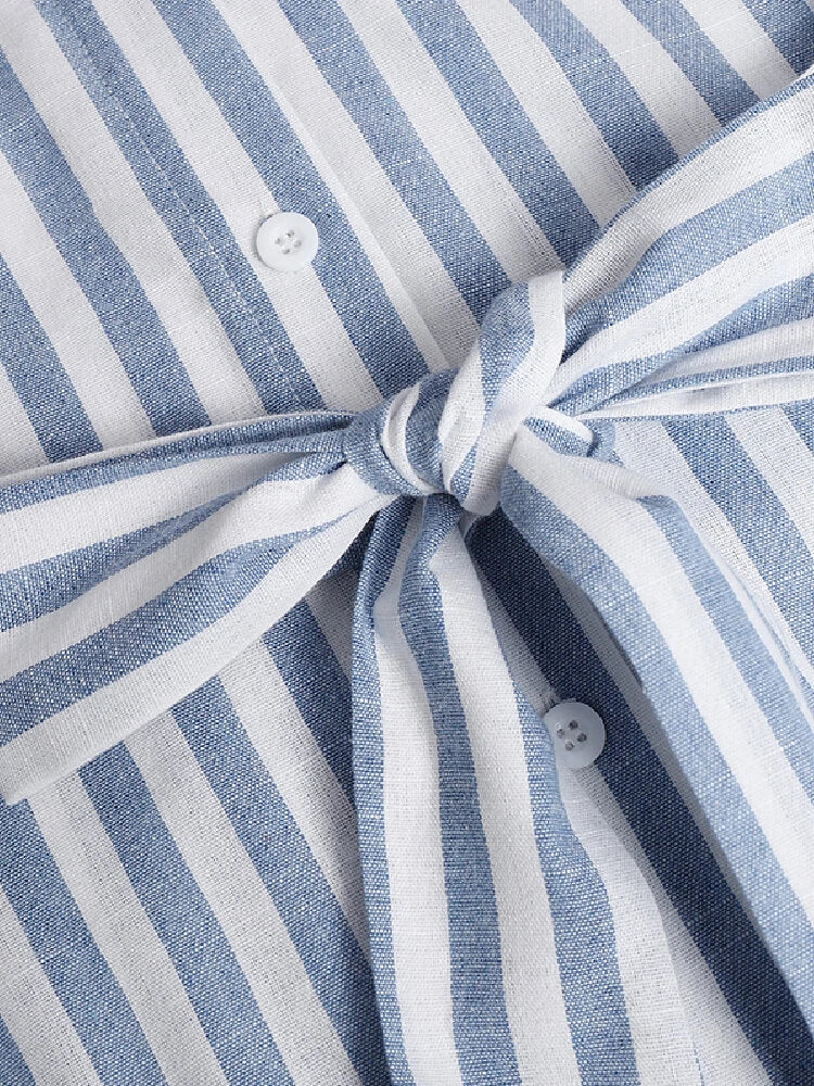 ZANZEA Women 100% Cotton Classical Striped Print Lapel Button Front Lace-Up Casual Shirt Dress