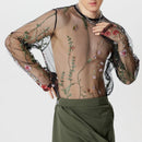 INCERUN Men T-shirts Fashion See-through Mesh Embroidered Flower Decor Long Sleeve Black Tshirts Summer Cool Party Male Tops