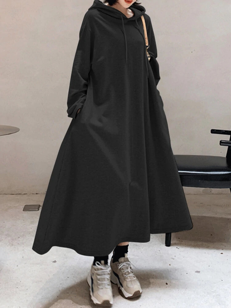 Women Solid Color Irregular Hem Casual Hooded Sweatshirt Maxi Dresses With Side Pocket