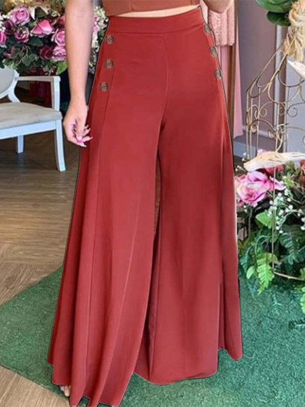 ZANZEA Plus Size Women Pants Solid Color Side Button Elastic Waist Loose Casual Wide Leg Pants With No Pocket