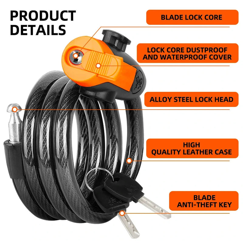 XANES Anti-thief Key Bike Lock 1.2m Length Steel Alloy Tough Protection Waterproof Portable Bicycle Lock for MTB Bicycle Road Bike