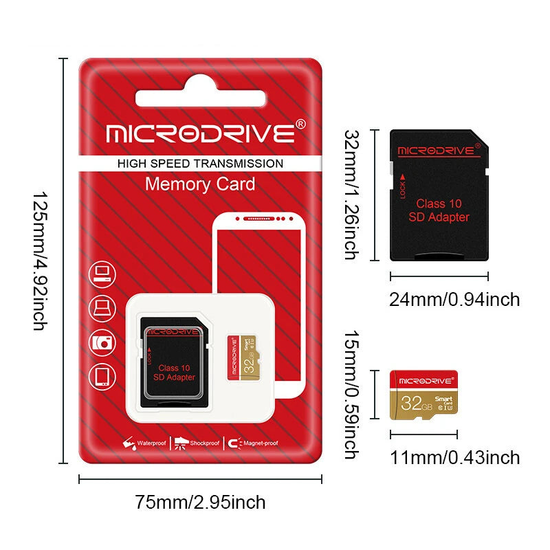 Microdrive Micro TF Card 32G 64G 128G 256G Class 10 High Speed Mini SD Card Flash Memory Card for Smartphone Driving Recorder Camera