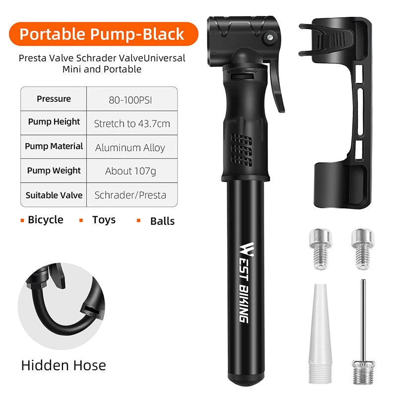 WEST BIKING 100PSI Mini Bicycle Air Pump Portable Hand Pump Hose MTB Mountain Road Universal Schrader Presta Valve Waterproof Tire Inflator for Ball Cycling