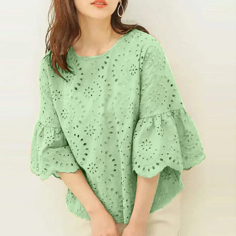 ZANZEA Women Korean Casual Shirt Daily Embroidery Hollow Ruffle Sleeve Blouses